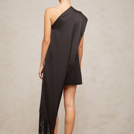 Lina Black One Shoulder Tassel Mini Dress with Detachable Shawl