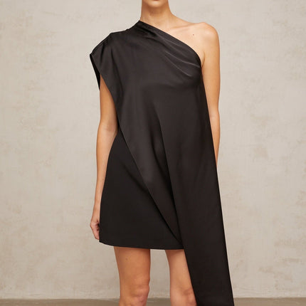Lina Black One-Shoulder Tassel Mini Dress with Detachable Shawl and Satin Panel