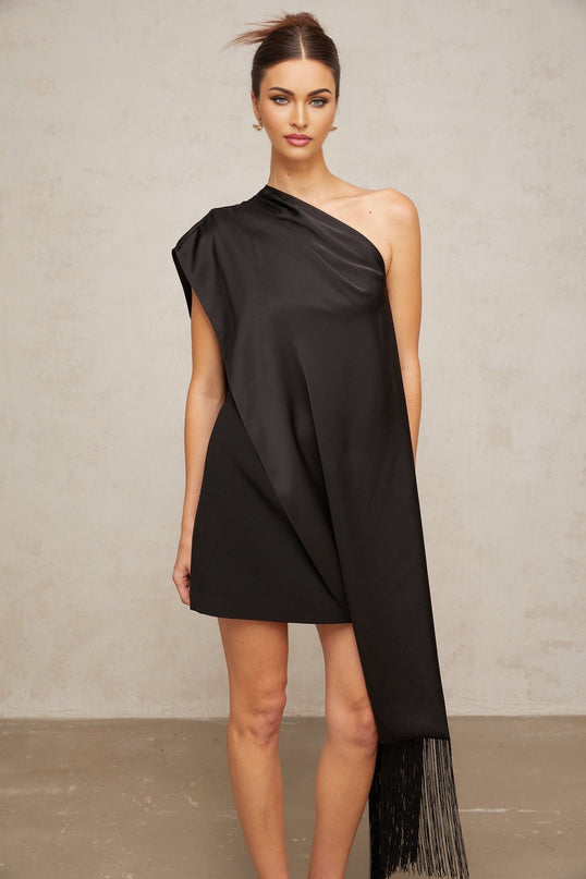 Lina Black One-Shoulder Tassel Mini Dress with Detachable Shawl and Satin Panel