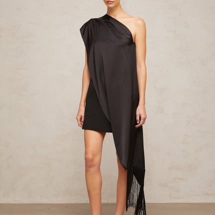 Lina Black One-Shoulder Tassel Mini Dress with Detachable Shawl in Luxurious Satin Panel