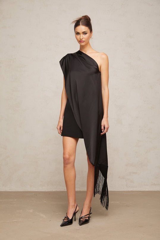 Lina Black One-Shoulder Tassel Mini Dress with Detachable Shawl in Luxurious Satin Panel