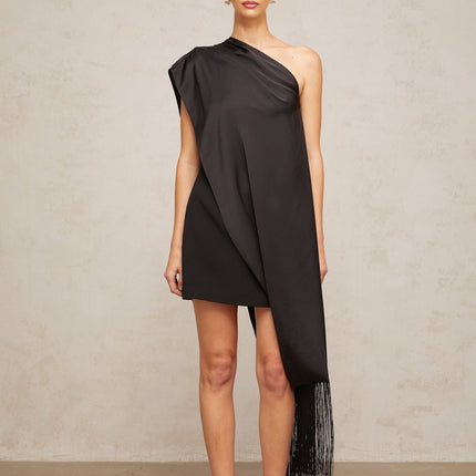 Lina Black Satin One-Shoulder Mini Dress with Tassel Detailing