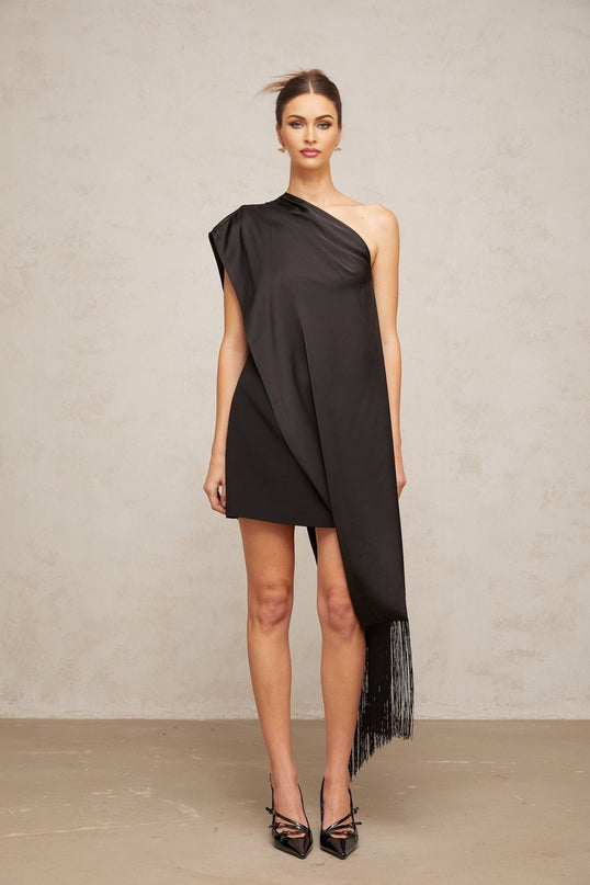 Lina Black Satin One-Shoulder Mini Dress with Tassel Detailing