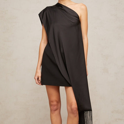 Lina Black Satin One-Shoulder Mini Dress with Tassel Detailing and Detachable Shawl