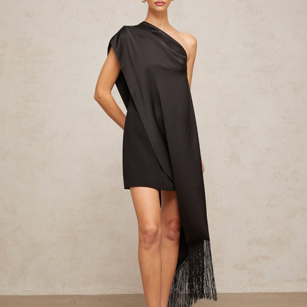 Lina Black Satin One-Shoulder Mini Dress with Tassel Detailing and Detachable Shawl