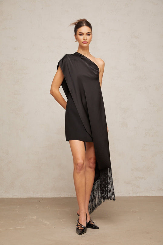 Lina Black Satin One-Shoulder Mini Dress with Tassel Detailing and Detachable Shawl