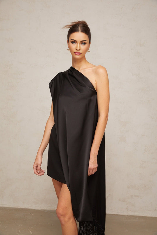 Lina Black Satin One-Shoulder Tassel Mini Dress
