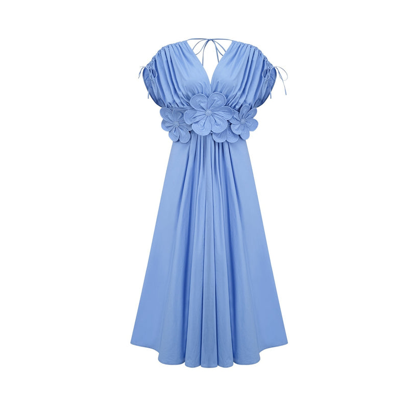 Lina Blue Vibrant Maxi Dress with 3D Petal Detailing and Ribbon Accent