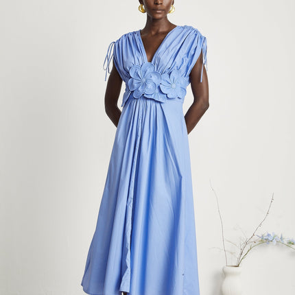Lina Blue Vibrant Maxi Dress V-neckline Short Sleeves 3D Petal Pleat Detailing Ribbon Accent Rear Zip Fastening Polyester Spandex