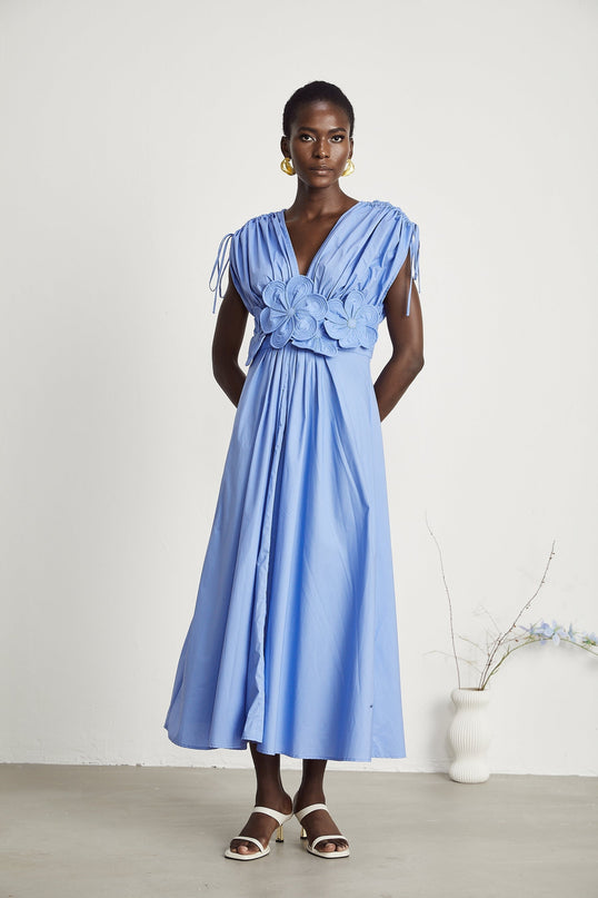 Lina Blue Vibrant Maxi Dress V-neckline Short Sleeves 3D Petal Pleat Detailing Ribbon Accent Rear Zip Fastening Polyester Spandex
