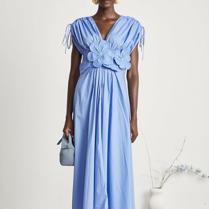 Lina Blue Vibrant Maxi Dress with 3D Petal Detailing and Ribbon Accent