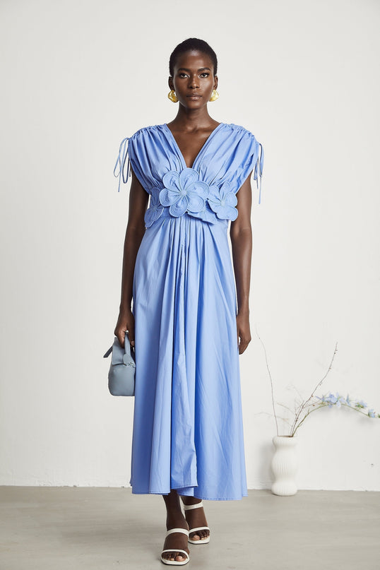 Lina Blue Vibrant Maxi Dress with 3D Petal Detailing and Ribbon Accent