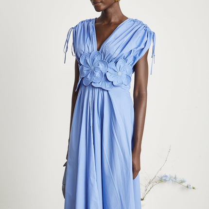 Lina Blue Vibrant Maxi Dress with 3D Petal Detailing and Ribbon Accent