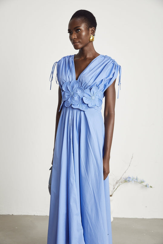 Lina Blue Vibrant Maxi Dress with 3D Petal Detailing and Ribbon Accent