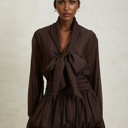 Lina Mini Dress Brown Long Sleeve Cinched Waist Ruched Detail Ribbon Tie-Neck Bubble Hem Shirred Effect Side Zip Fastening Terylene Fiber