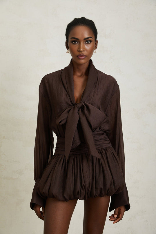Lina Mini Dress Brown Long Sleeve Cinched Waist Ruched Detail Ribbon Tie-Neck Bubble Hem Shirred Effect Side Zip Fastening Terylene Fiber
