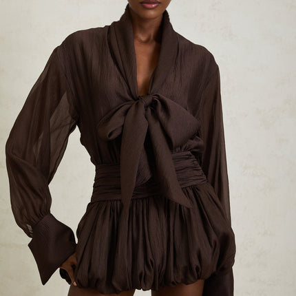 Lina Mini Dress in Brown with Long Sleeves and Ruched Detailing