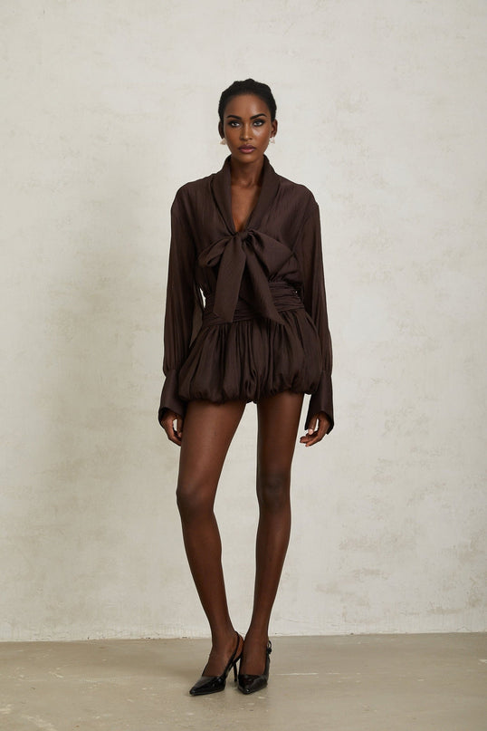 Lina Mini Dress in Brown with Long Sleeves, Cinched Waist, and Ruched Detailing