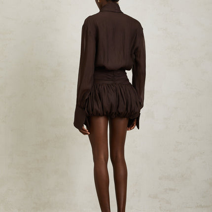 Lina Mini Dress in Brown with Long Sleeves, Cinched Waist, and Ruched Detailing