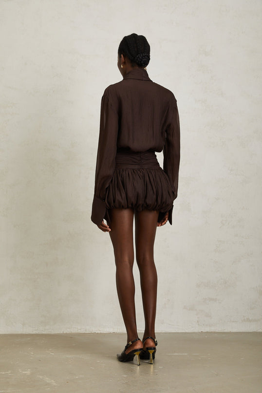 Lina Mini Dress in Brown with Long Sleeves, Cinched Waist, and Ruched Detailing
