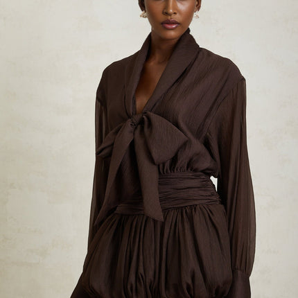 Lina Mini Dress in Brown with long sleeves, cinched waist, and ruched detailing