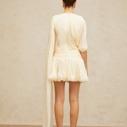 Lina Mini Dress in Neutrals pleated design with ribbon detailing and glitter accents