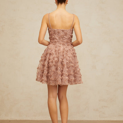 Lina Pink Mini Dress with Rose Appliqué and Rhinestone Embellishments