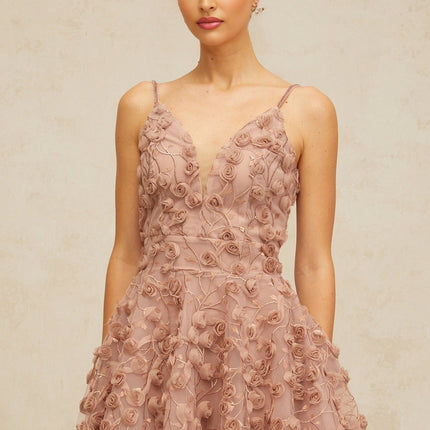 Lina Pink Mini Dress V-neck Rose Appliqué Rhinestone Embellishments Flounce Hem Cinched Waist Thigh-length Rear Zip Fastening
