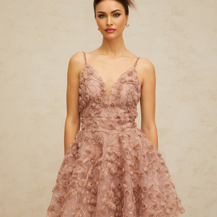 Lina Pink Mini Dress V-neck Rose Appliqué Rhinestone Embellishments Flounce Hem Cinched Waist Rear Zip Fastening
