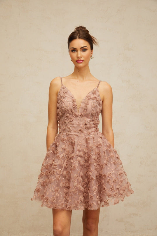 Lina Pink Mini Dress V-neck Rose Appliqué Rhinestone Embellishments Flounce Hem Cinched Waist Rear Zip Fastening