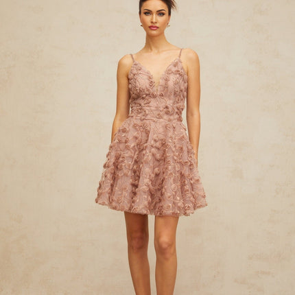 Lina Pink Mini Dress V-neck Rose Appliqué Rhinestone Embellishments Flounce Hem Cinched Waist Thigh-length Lined Rear Zip Fastening