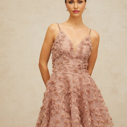 Lina Pink Rose Applique Mini Dress V-Neck Rhinestone Embellishments Flounce Hem Cinched Waist