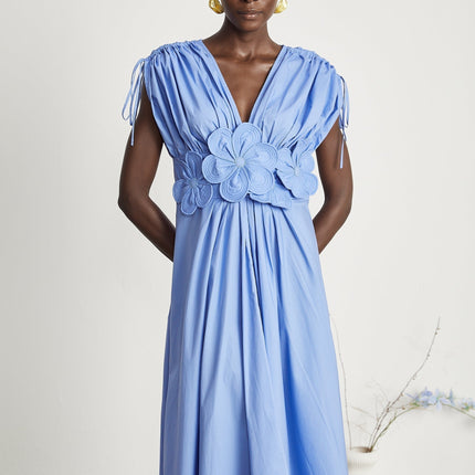Lina Vibrant Blue Maxi Dress with V-Neckline and 3D Petal Detailing