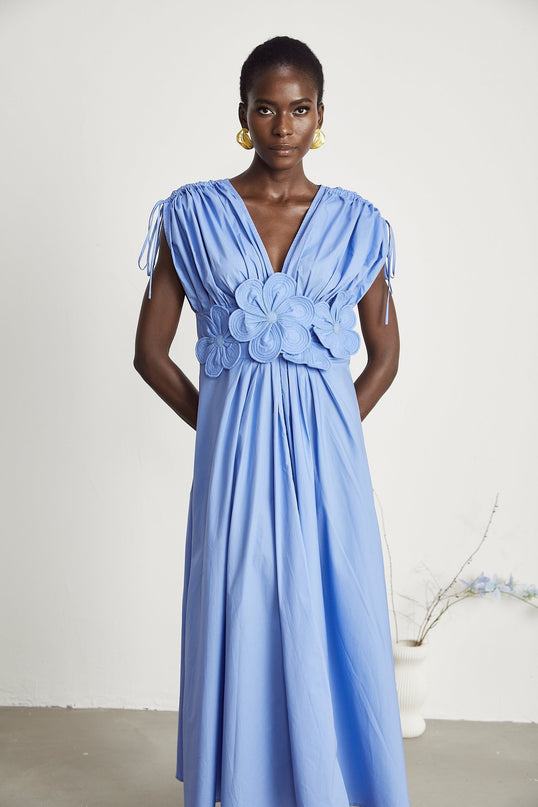 Lina Vibrant Blue Maxi Dress with V-Neckline and 3D Petal Detailing