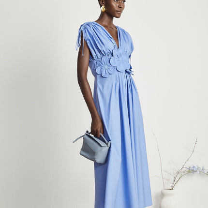 Lina Vibrant Maxi Dress Blue 3D Petal Detailing Short Sleeves V-Neckline Ribbon Accent Rear Zip Fastening
