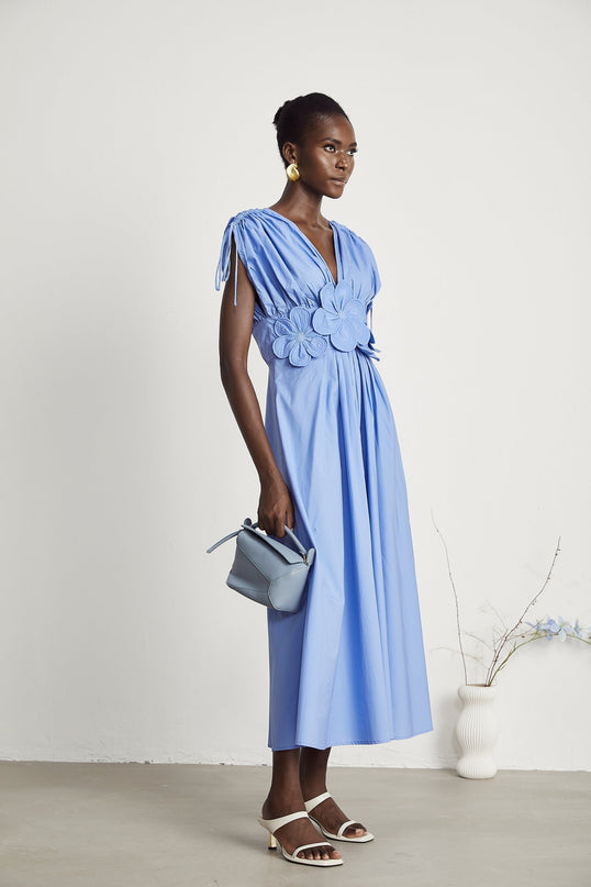 Lina Vibrant Maxi Dress Blue 3D Petal Detailing Short Sleeves V-Neckline Ribbon Accent Rear Zip Fastening