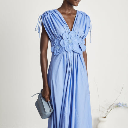 Lina Vibrant Maxi Dress Blue 3D Petal Detailing Short Sleeves Ribbon Accent