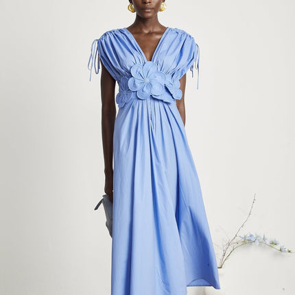 Lina Vibrant Maxi Dress Blue 3D Petal Pleat Ribbon Zip Elegant Sophisticated Modern Woman