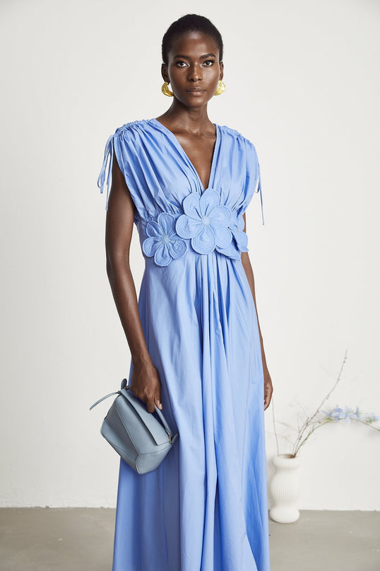 Lina Vibrant Maxi Dress Blue 3D Petal Ribbon Detailing