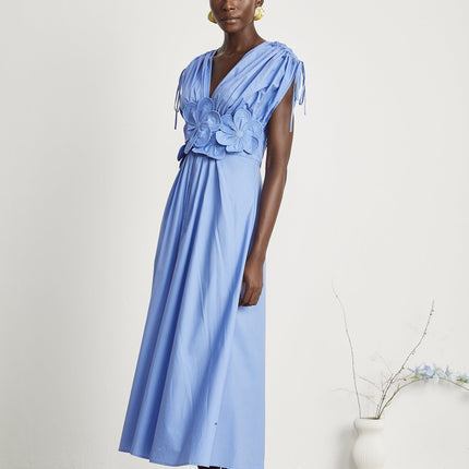 Lina Vibrant Maxi Dress Blue 3D Petal Ribbon Detailing