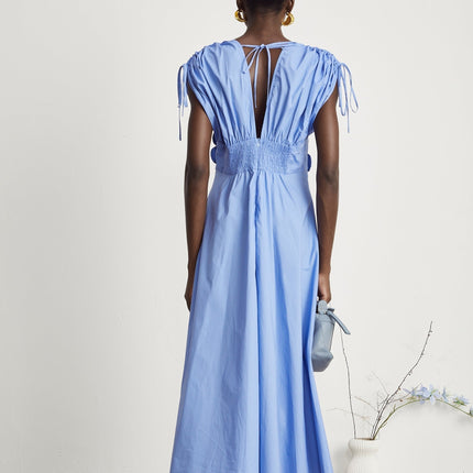 Lina Vibrant Maxi Dress Blue 3D Petal Detailing Short Sleeves V-Neckline Ribbon Accent Rear Zip Fastening Polyester Spandex
