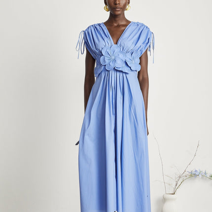 Lina Vibrant Maxi Dress Blue 3D Petal Detailing Short Sleeves V-Neckline