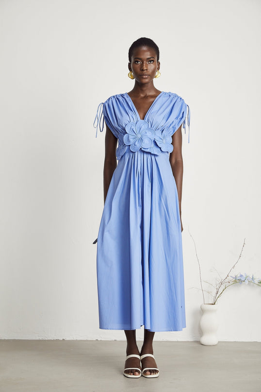 Lina Vibrant Maxi Dress Blue 3D Petal Detailing Short Sleeves V-Neckline