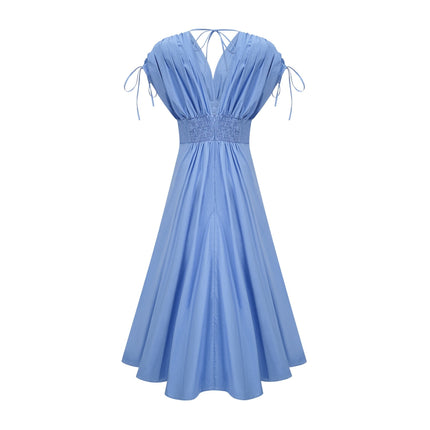 Lina Vibrant Maxi Dress Blue 3D Petal Detailing Short Sleeves V-Neckline Ribbon Accent Rear Zip Fastening
