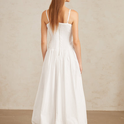 Linda White Ruched Maxi Gown in White Cotton Square Neckline Sleeveless Spaghetti Straps Front Slit Bubble Hem