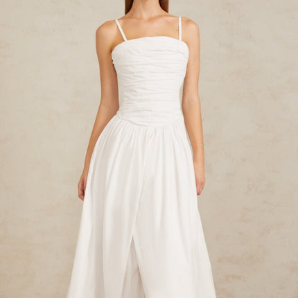 Linda White Ruched Maxi Gown in 100% Cotton with square neckline and front slit