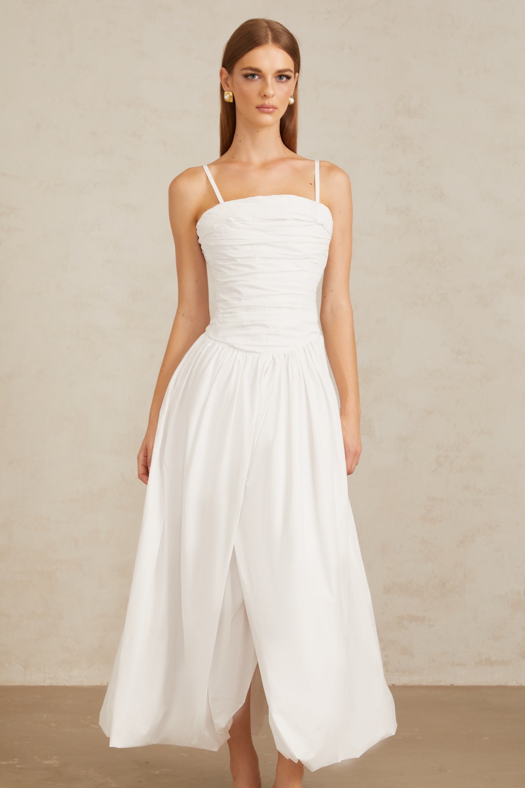 Linda White Ruched Maxi Gown