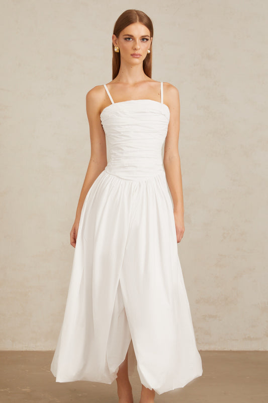 Linda White Ruched Maxi Gown