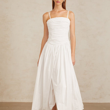 Linda White Ruched Maxi Gown 100% Cotton Square Neckline Sleeveless Spaghetti Straps Front Slit Bubble Hem
