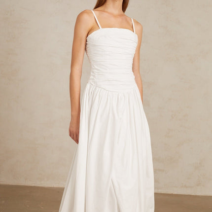 Linda White Ruched Maxi Gown 100% Cotton Square Neckline Sleeveless Silhouette Adjustable Spaghetti Straps Front Slit Bubble Hem